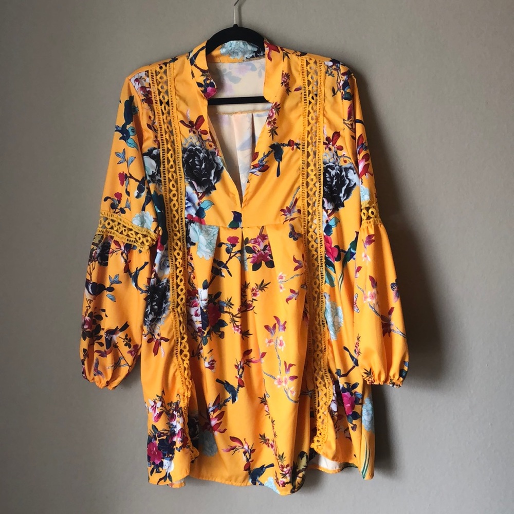 M LEFT Boho Floral Long Sleeve Mini Dress - Picture 2 of 7